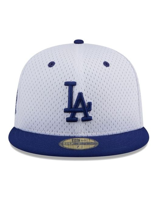 KTZ Blue White Los Angeles Dodgers Throwback Mesh 59fifty Fitted Hat for men