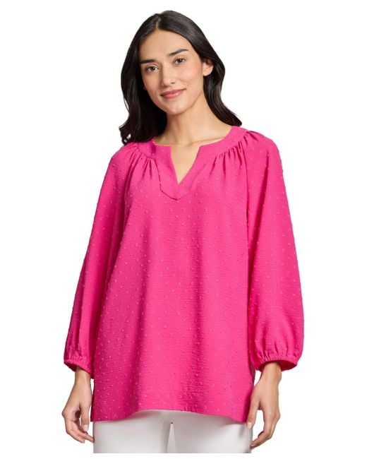 Jones New York Women's Pink 3 Quarter Sleeve Notch Neck Popover Dotted Blouse