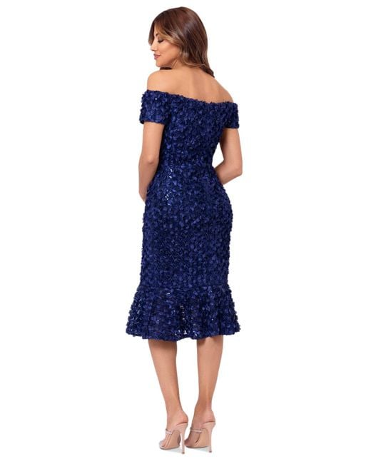 Xscape Blue Off-the-shoulder Lace Fit & Flare Dress