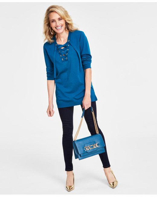 INC International Concepts Blue Lace-up Tunic Sweater