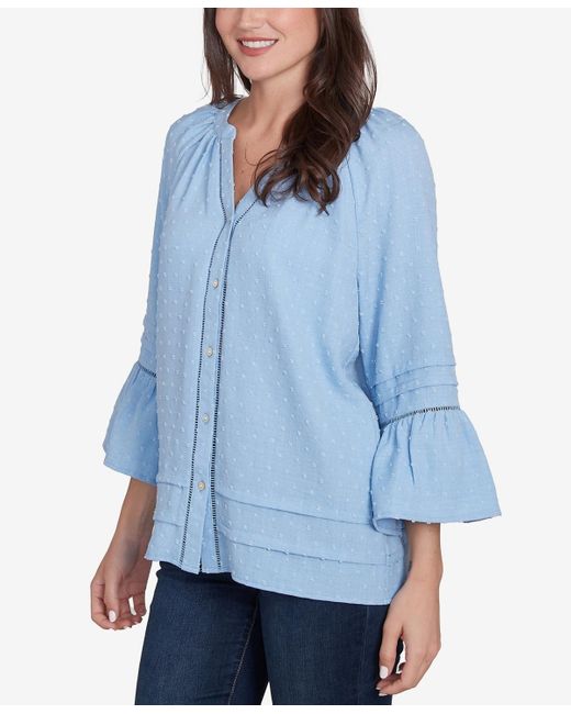 Ruby Rd Blue Petite Clip Dot Button Front Flared V-neck Top