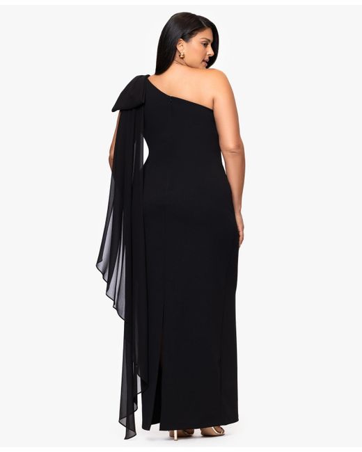 Xscape Blue Plus-size One-shoulder Sash Gown