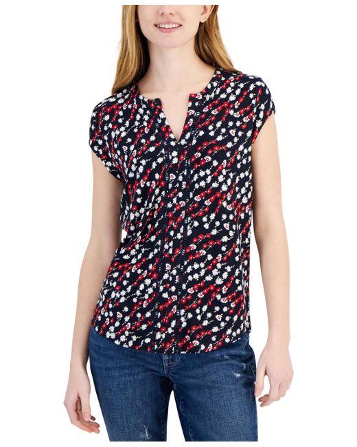 Tommy Hilfiger Blue Ditsy Floral Cap-sleeve Top