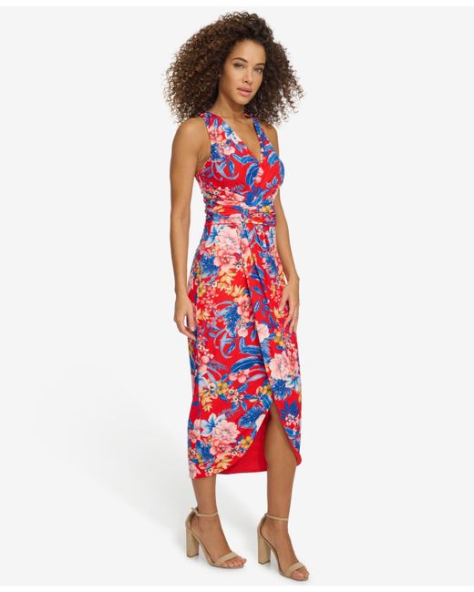 Siena Jewelry Red Floral Side-ruched Sleeveless Midi Dress