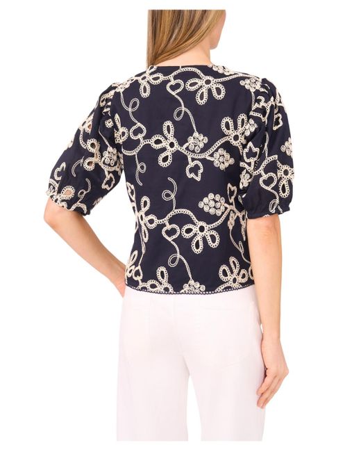 Cece Blue Short Sleeve Open Tie Front Embroidered Top