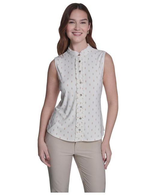 Tommy Hilfiger Gray Ruffle Placket Dot Top