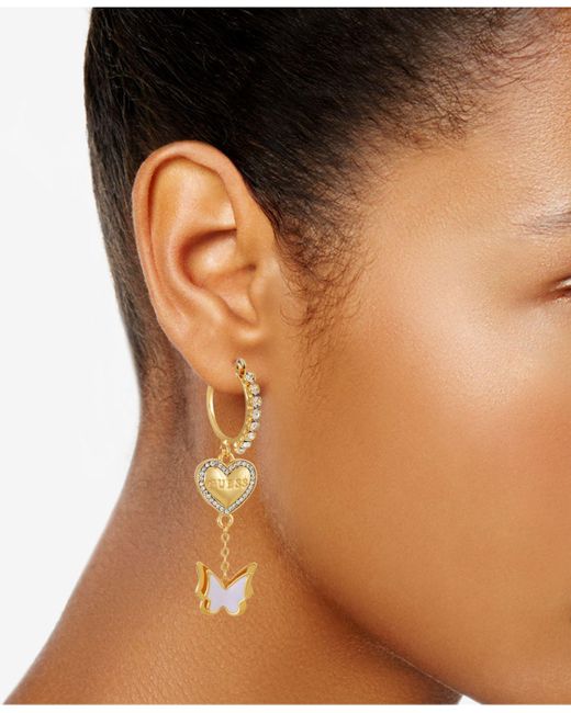 Guess Gold-tone Pavé Logo Heart & Butterfly Charm Hoop Earrings in Metallic  | Lyst