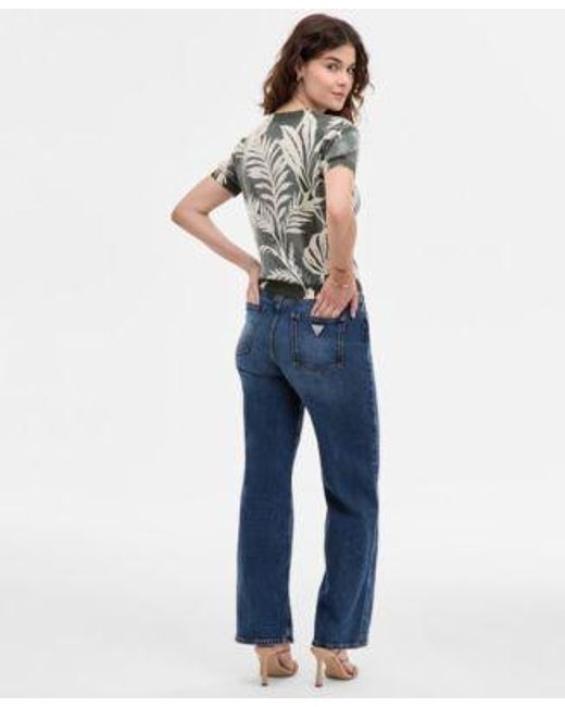 Guess Blue Sequin Printed Short Sleeve Sweater High Rise Wide Leg Jeans