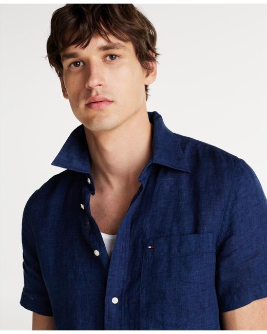 Tommy Hilfiger Blue Short-sleeve Pigment-dyed Linen Button-front Shirt for men