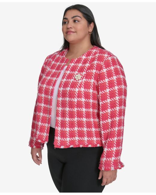 Karl Lagerfeld Red Plus Size Open Tweed Short Jacket