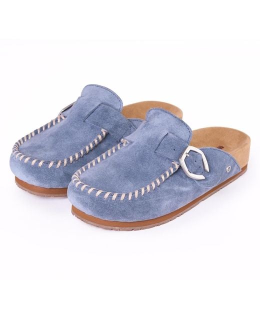 Minnetonka Blue Suede Adjustable Buckle Clogs