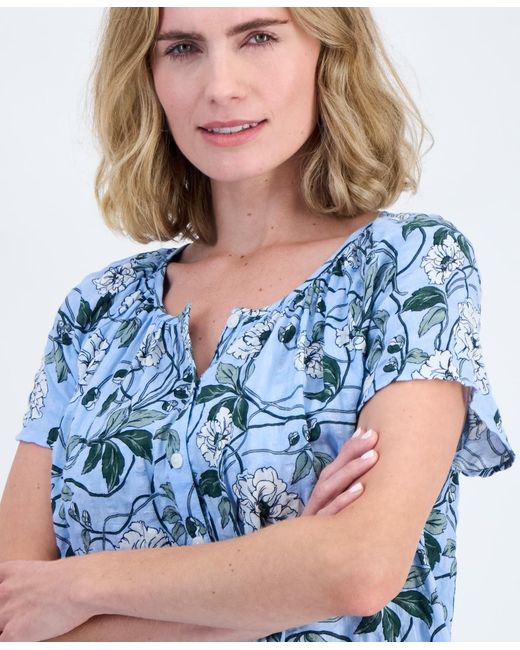 Style & Co. Blue Petite Printed Split Neck Top