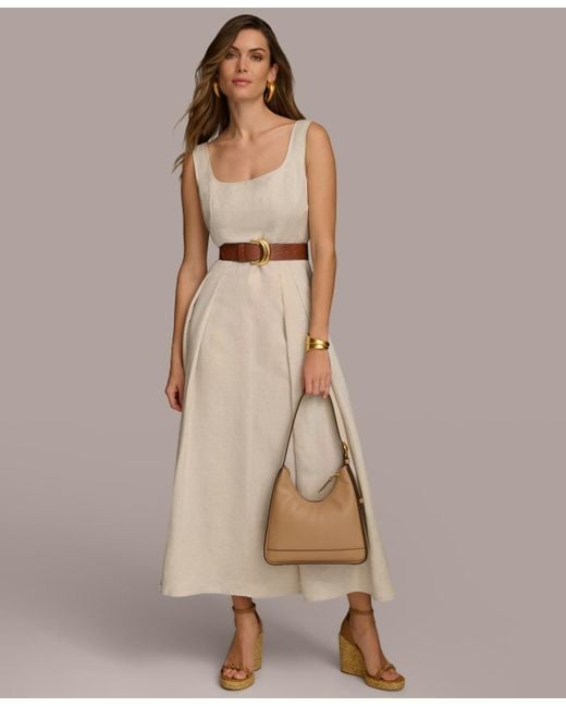 Donna Karan Natural Belted Linen-blend Sleeveless Fit & Flare Dress