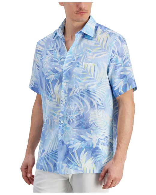 Club Room Blue Gado Leaf-print Short-sleeve Linen Shirt for men
