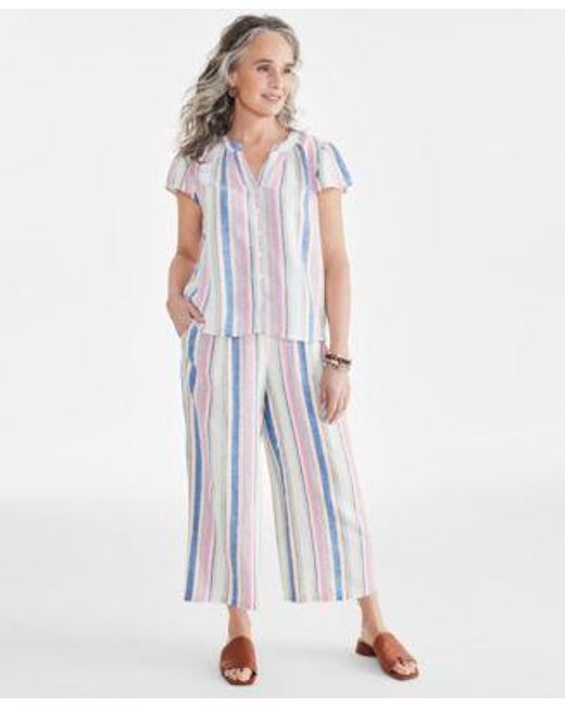 Style & Co. White Style Co Sandy Stripe Flutter Sleeve Top Cropped Drawstring Pants Created For Macys
