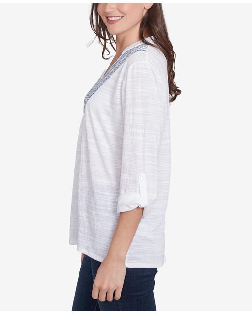 Ruby Rd White Petite Soft Relaxed Textured Trim V-neck Top