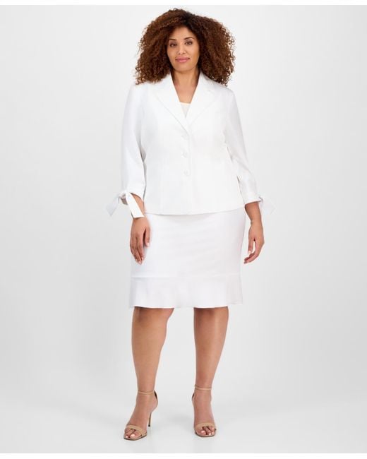 Le Suit White Plus Size Three-button Tie-cuff Jacket & Flounce-hem Skirt