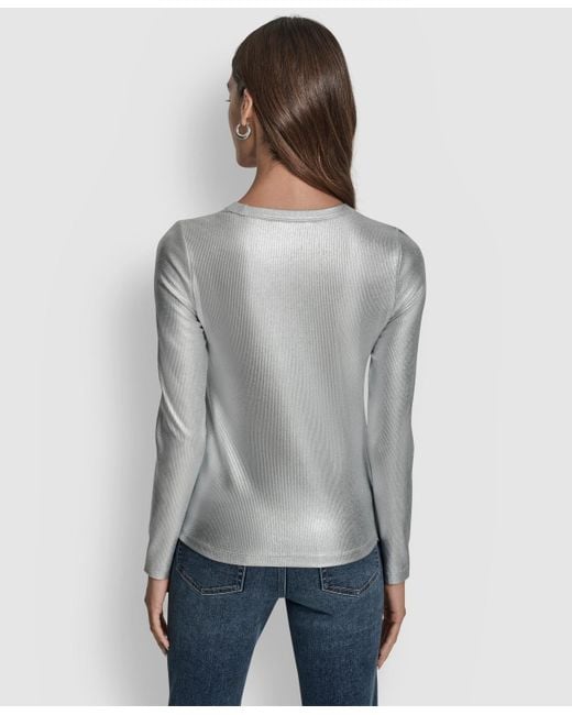 DKNY Gray Foil Rib Crewneck Long Sleeves Top