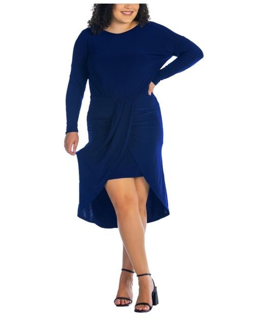 24seven Comfort Apparel Blue Plus Size Long Sleeve High Low Dress