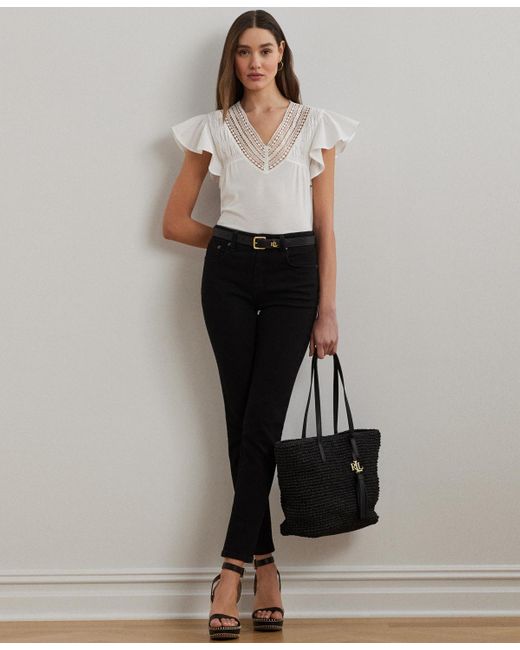 Ralph Lauren White Lace-trim Jersey Flutter-sleeve Tee