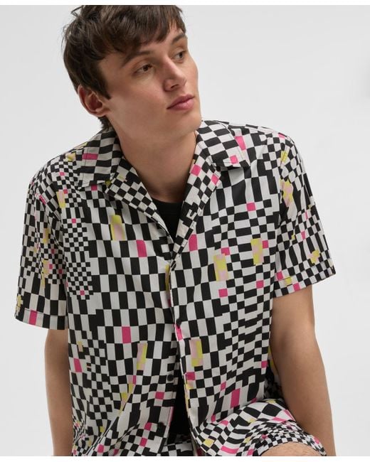 Mode Of One White Mixed Check Relaxed-fit Printed Button-down Camp Shirt for men
