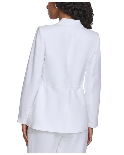 Calvin Klein White Petite Linen-blend Cinched-waist Single-button Blazer