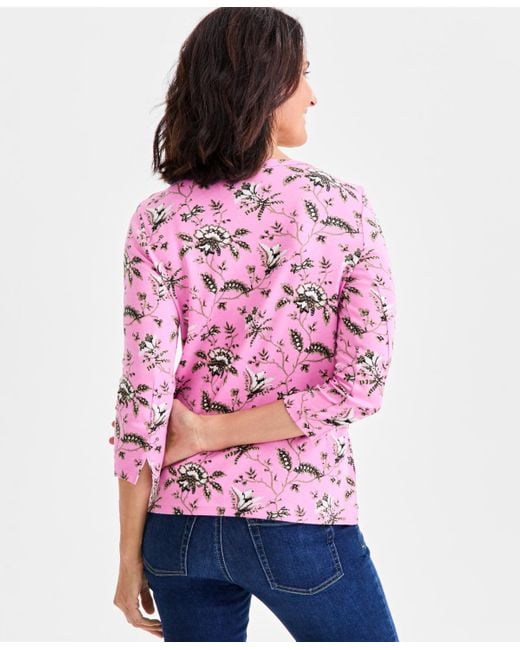Style & Co. Pink Petite Cotton Printed 3/4-sleeve Boat-neck Top