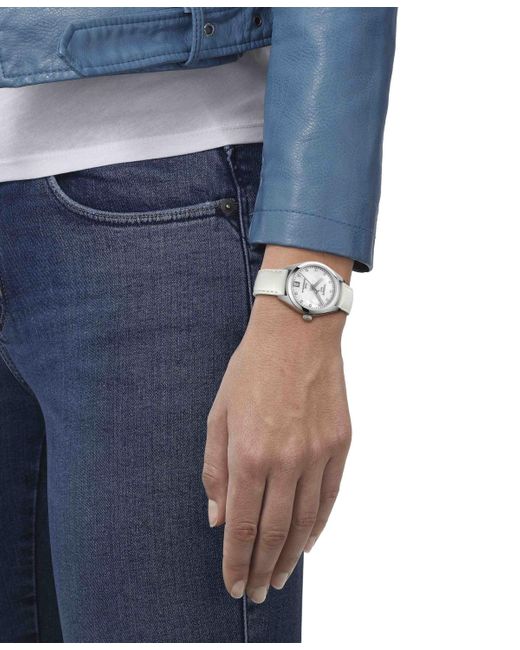 Tissot Gray Swiss Automatic Pr 100 Diamond Accent White Leather Strap Watch 33mm