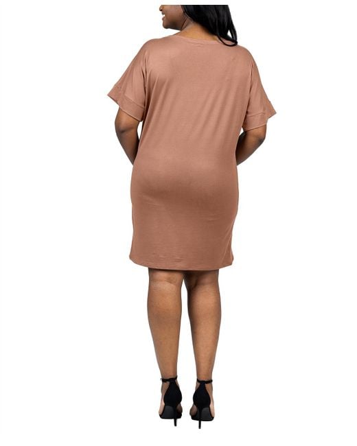 24seven Comfort Apparel Brown Plus Size Loose Fit V-neck T Shirt Dress