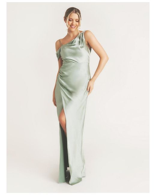 sage green satin asymmetric bardot twist maxi dress Six Stories Bridesmaid in ECOM_graduation26 Sleeveless Venezia Boat Neck, Color:Earth brown high split at the