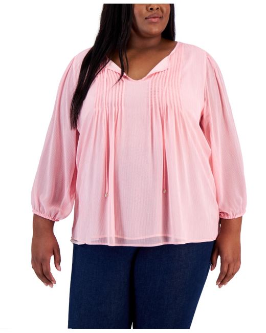 Tommy Hilfiger Pink Plus Size Striped Pintuck Tie-neck Blouse