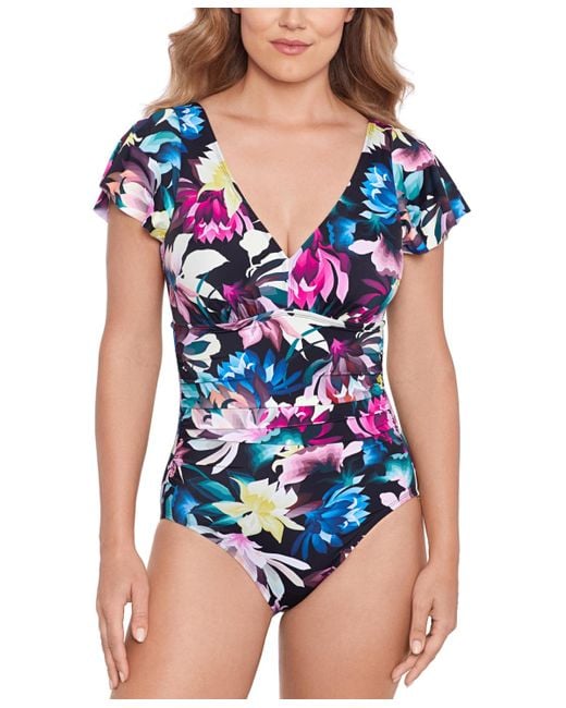 Swim Solutions Plus Size Tummy Control Printed Fauxkini One-Piece