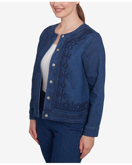 Ruby Rd Blue Petite Dark Stretch Denim Embroidered Jacket