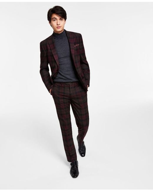 Bar Iii Blue Slim-fit Burgundy Plaid Suit Separates, Created For Macy's for men