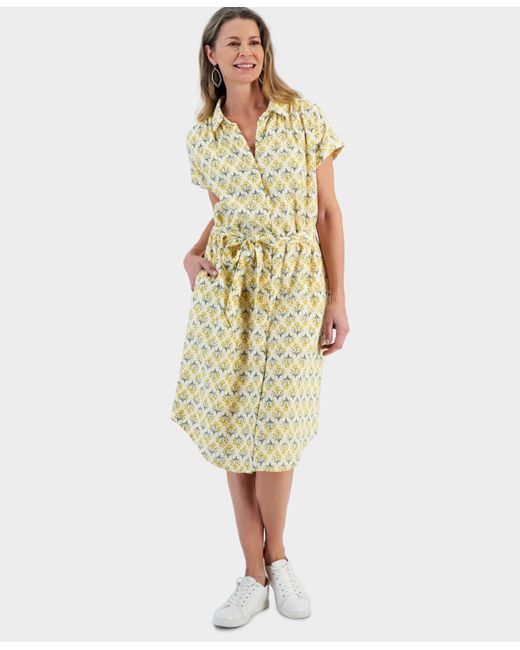 Style & Co. Yellow Printed Cotton Gauze Shirtdress