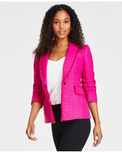 Anne Klein Pink Petite Scrunch-sleeve Tweed Fringe Jacket