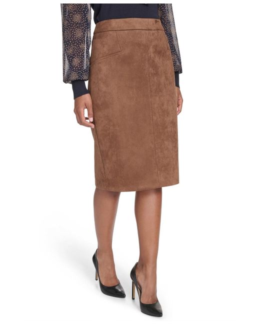 Tommy Hilfiger Brown Scuba Suede Knee Length Pencil Skirt