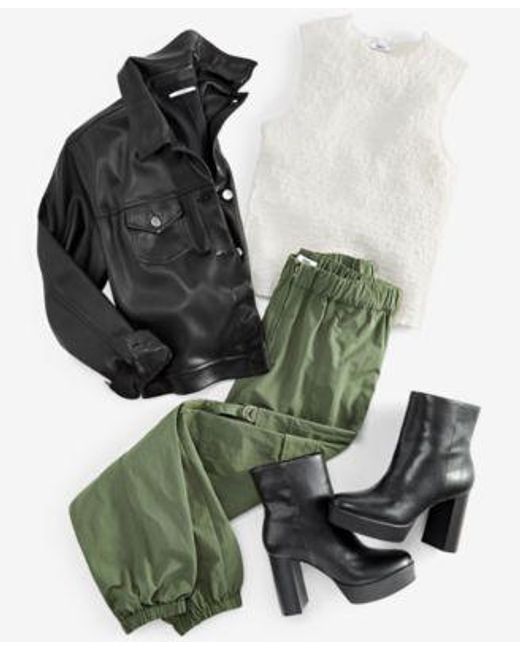 BarIII Green Faux Leather Cropped Jacket Textured Sleeveless Top Everything Cargo Pants Created For Macys