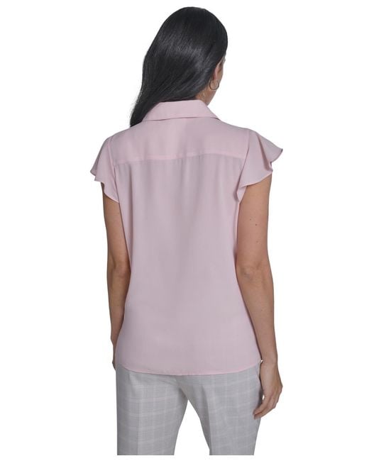 Calvin Klein Purple Solid Cap-sleeve Ruffle Front Top