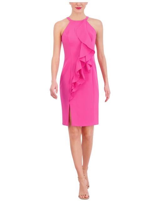 Vince Camuto Pink Laguna Crepe Bodycon Front-ruffle Dress