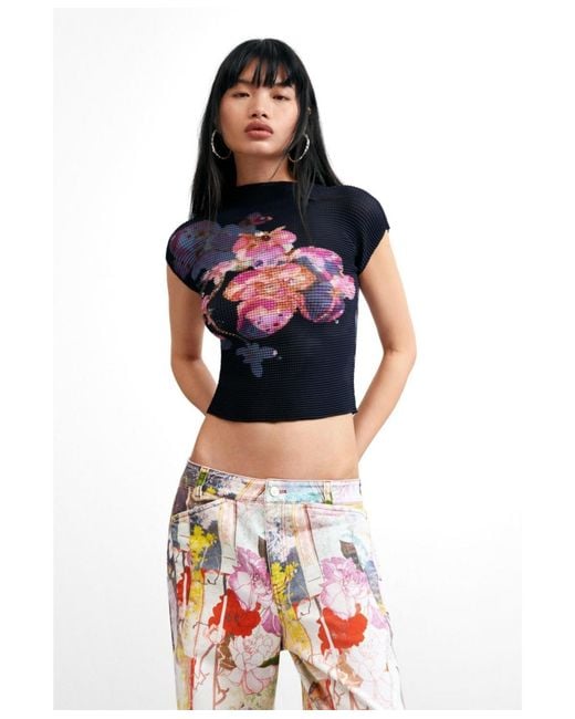Desigual Blue Printed High Neck Blouse