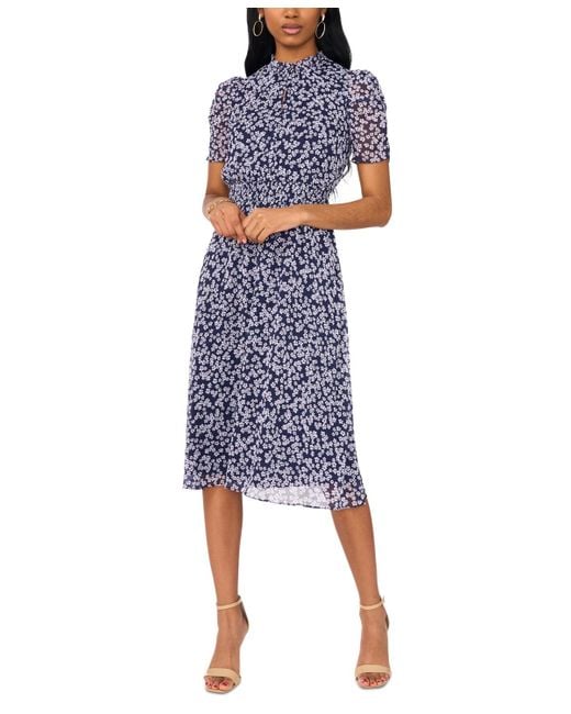 Msk Blue Petite Floral Print Puff Sleeve Midi Dress