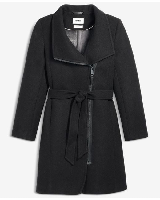 DKNY Black Asymmetric Front-zip Belted Coat