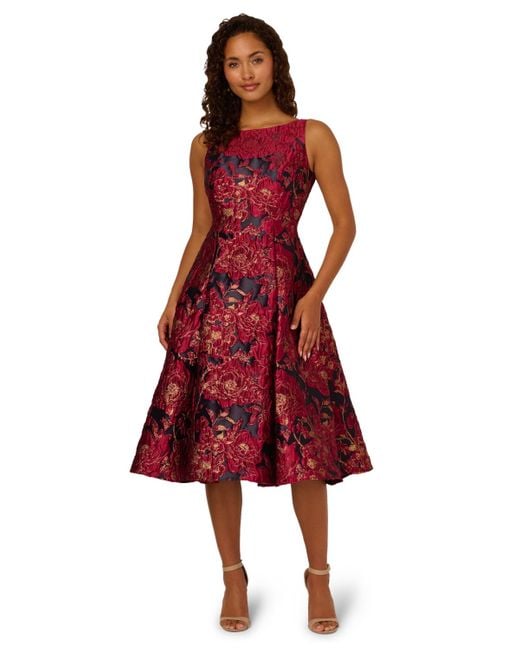 Adrianna Papell Women's Red Boat Neck Midi Dress