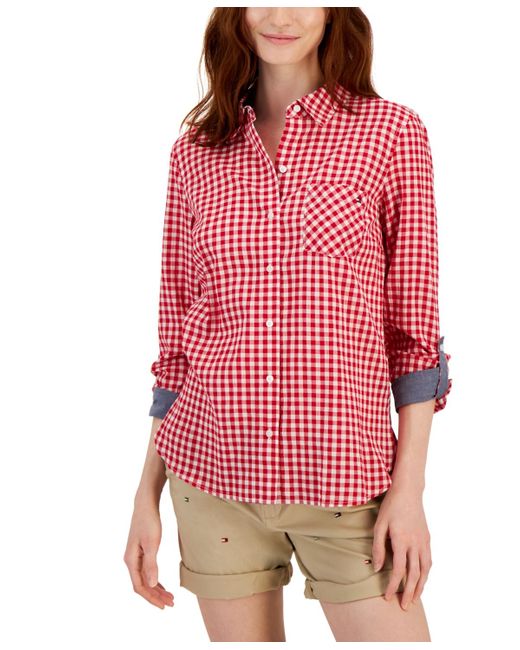 Tommy Hilfiger Red Cotton Gingham Roll-tab Shirt
