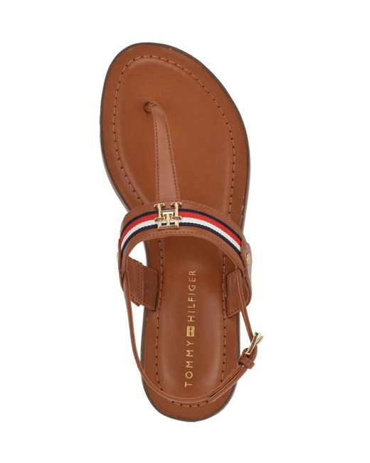 Tommy Hilfiger Brown Gabry Signature Stripe T-strap Flat Sandals