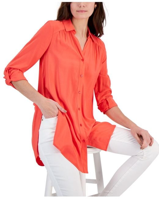 INC International Concepts Rolltab Buttondown Long Blouse, Created