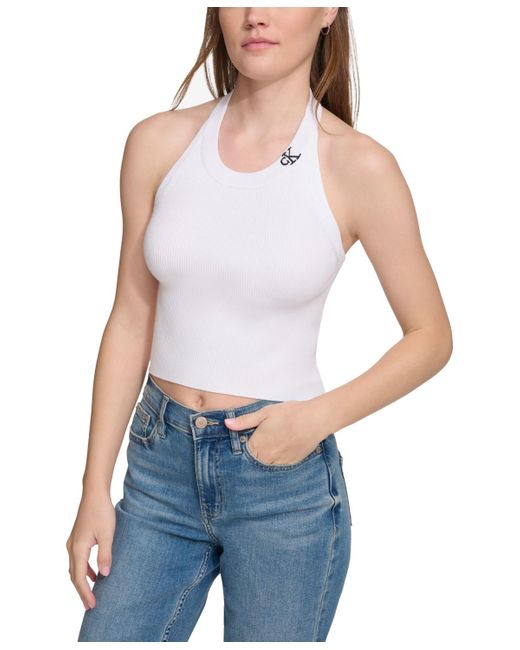 Calvin Klein Blue Ribbed Embroidered-logo Cropped Halter Top