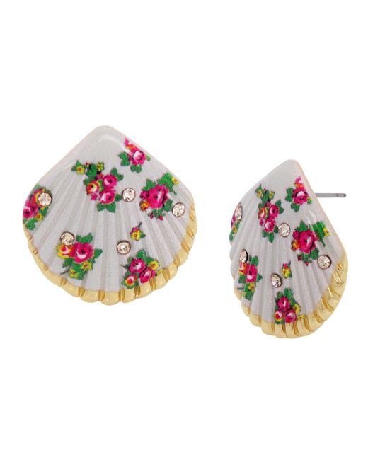 Betsey Johnson Pink Faux Stone Floral Shell Button Earrings