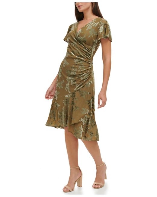 Kensie Green Velvet Burnout Short-sleeve V-neck Dress